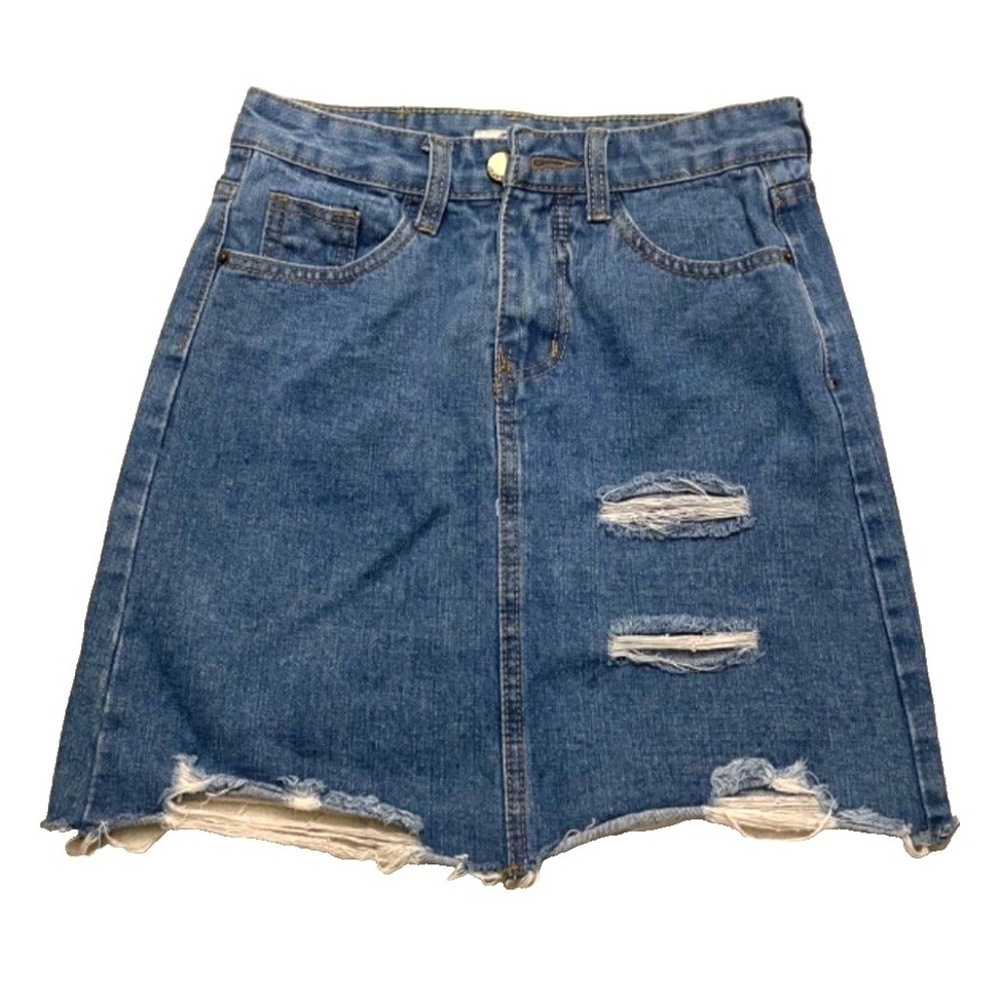 Jin‎ Ai Li Ladies Distressed Denim Mini Skirt; Blue; Size XS/S